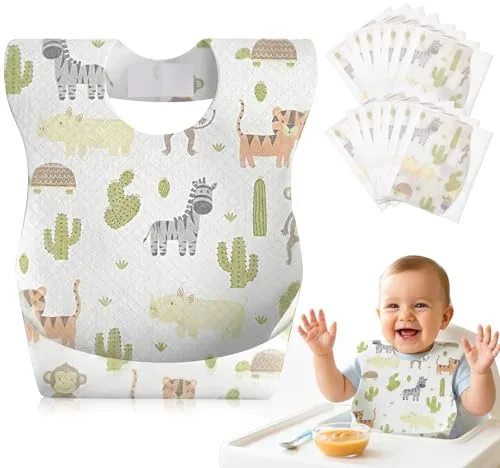 Lictin Baberos Desechables Bebe-50pcs baberos bebe impermeables,envuelto Individualmente,Suaves, portátiles y ajustables,con diseños de animales,aptos para uso en interiores y exteriores(0-5años)