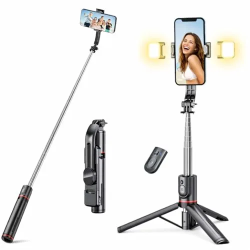 Tripode para Movil 116 Cm, Palo Selfie con 2 Luces De Relleno, Selfie Stick con Control Remoto Bluetooth, Soporte Extensible para Aro De Luz, Compatible con iPhone, Samsung Y Telefonos Android