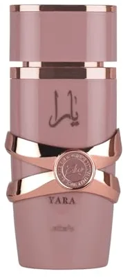 Lattafa Yara Elixir Eau de Parfum, diseño en rosa y oro, lujosa botella de cristal, perfume para mujer de 100 ml