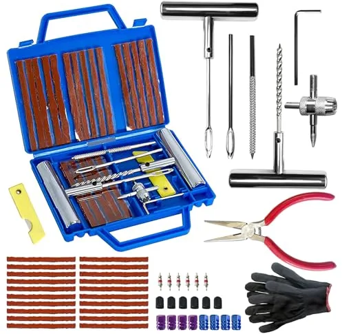 50PCS Kit Repara Pinchazos para Coche y Moto, kit antipinchazos neumático, Mechas, Accesorios, Guantes, Compacto para Maletero, Solución emergencia, Fácil Uso sin Experiencia