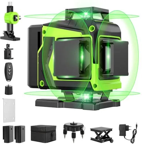 Nivel Laser Autonivelante 360 Grados, Nivel Láser Verde 16 Líneas, 2 x 360 Horizontal y 2 x 360 Verticales, 2 x Batería, Montaje en Pared, Control Remoto, Base Magnética, Soporte Giratorio