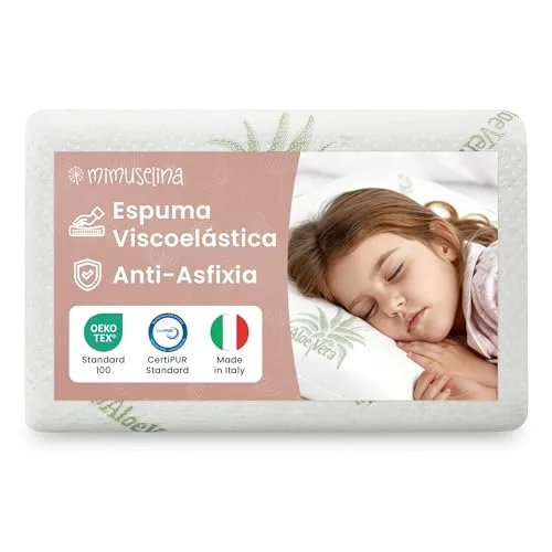 MIMUSELINA Almohada Bebe Viscoelástica 50x30x5,5 | Memory Foam Transpirable para Bebé y Niños | Cojines pequeños Suaves, Ergonómicos y Antisofocos | Funda Aloe Vera Hipoalergénica, Extraíble y Lavable