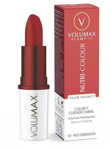 Volumax Plump It Nutri‑Colour|Tratamiento labial antiedad voluminizador con color |Volumen inmediato Tecnología Filler Instinct|Tripéptido 1 y ácido hialurónico reticulado Tono Red Obsession 02 |4g