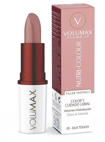Volumax Plump It Nutri‑Colour |Tratamiento labial antiedad voluminizador con color |Volumen inmediato Tecnología Filler Instinct | Tripéptido 1 y ácido hialurónico reticulado |Tono Silk Touch 01 |4g