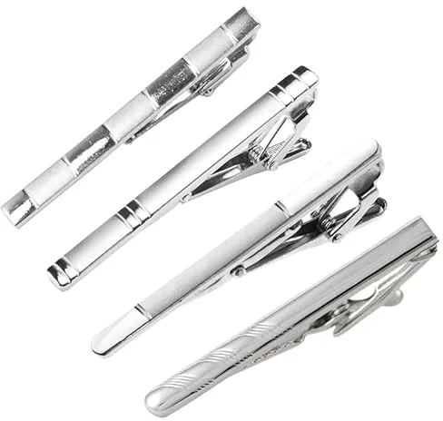 Vmoomax - Juego de 4 pinzas para corbata para hombre, color plateado, accesorios elegantes para disfraces, boda, oficina, regalo, clips de corbata clásicos de metal para atuendos formales y diarios