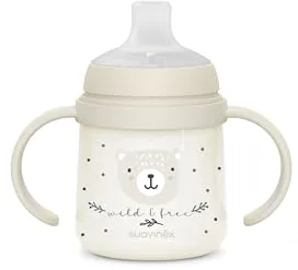 Suavinex, Vaso Aprendizaje Bebé, Taza Antiderrame, Biberón con Asas que Brilla en la Oscuridad, con Boquilla de Silicona y Válvula Anticólico, Ideal para Usar por la Noche, +6 Meses, Wild&Free Gris