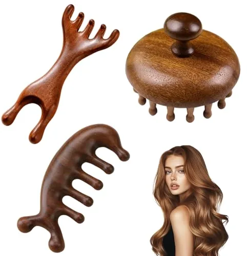 Gykutix Juego de 3 Cepillos Masajeador para Cuero Cabelludo de Madera de Sándalo Natural - Masajeador Capilar, para Uso en Casa y Viaje