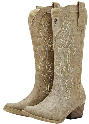 YOLIS Botas Cowboy de Mujer, Botas Vaqueras de Western Puntiagudo Bordado Atuendos para conciertos country baile bodas viajes y uso diario