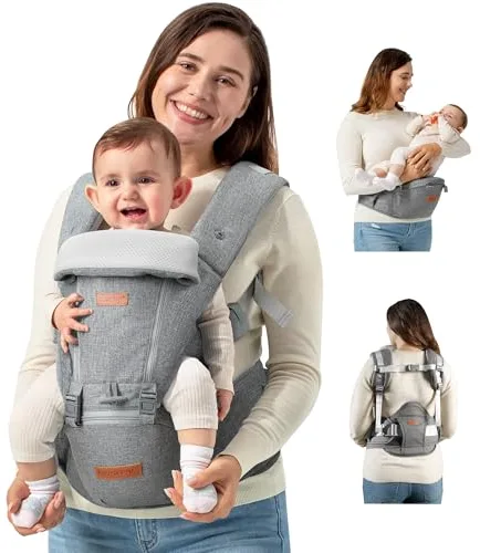 besrey Mochila Portabebes Ergonomica con Respaldo para Padres y Reposacabezas para Bebé + 2 Baberos de Algodón, Gris