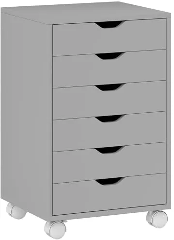 HOMCOM Cajonera Escritorio, Archivador Móvil con 6 Cajones, Soporte para Impresora con Ruedas, Guías Deslizantes Silenciosas, para Oficina, Casa, Gris