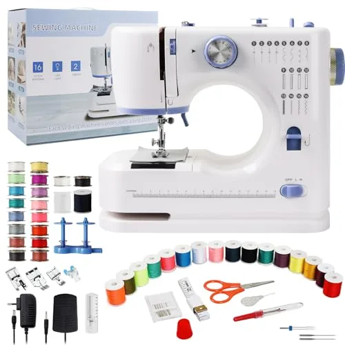 Qoosea Máquina de Coser Portátil, 16 Puntadas Máquina Coser para Principiantes y Niños Fácil Uso con luz LED, Mini Sewing Machine para Jeans con Hilo y Tijeras Kit Incluido, Púrpura