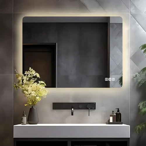 LISA Espejo de baño LED con iluminación 80 x 60 cm, Grande Espejo luz con Enchufe y Bluetooth, Regulable, 3 Colores iluminación Ajustable, antivaho, Espejo de Pared para baño, Inodoro, Pasillo