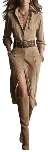 Vestido Camisero Largo de Ante para Mujer Estilo Vintage Manga Larga Abotonado Corte Ajustado con cinturón y Bolsillos