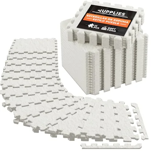 JUPPLIES Alfombra Puzzle Bebe con Pelito 12 Piezas – Alfombra de Juego Suave Tipo Moqueta – Goma EVA Antideslizante y Acolchada (Puzzle Beige)