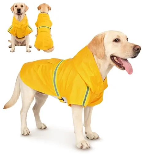 OSDUE Impermeable para Perros, Ultra-Light Transpirable Impermeable Lluvia con Collar Agujero y Tiras Reflectoras Seguras Chubasqueros para Perros para Pequeños Medianos y Grandes Amarillo 2XL