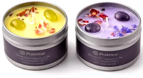 Velas Aromáticas de Soja Natural – Pack 2 Velas con Cristales Naturales – Aromaterapia Lavanda, Cedro y Canela Naranja – Vela Chakra para Meditación y Relax y Yoga – Sin Parafina – Idea de Regalo