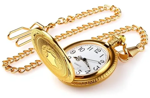 Reloj De Bolsillo Vintage Con Esfera Romana Calada Y Doble Cadena,Acero Inoxidable,Mecanismo De Cuarzo, Indicación 24 Horas,Para Hombre Mujer,Regalo De Día San Valentín Accesorio De Disfraz,Dorado