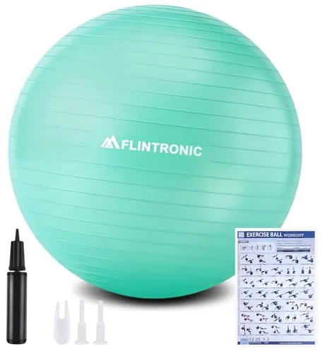 flintronic Pelota de Pilates, 65cm Fitness Pelota de Ejercicio, Embarazo y Sentarse, Equilibrio, Entrenamiento, Incluye Manual de Instrucciones, Bomba de Aire, Verde 65cm