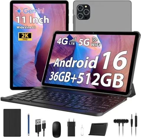 RUSHAR Tablet 11 Pulgadas Android 16 con 36GB RAM+512GB ROM (2TB TF), 4G LTE & 5G WiFi, Octa-Core 2.0GHz, 8000mAh, 13MP+8MP, Widevine L1,Gemini AI, GPS, BT 5.0, Tablet con Teclado, Gris