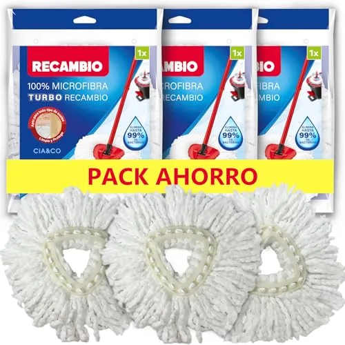 Pack 3 Recambios Compatibles con Fregonas Vileda Turbo y Turbo Smart · Pack Ahorro · Microfibra Súper Absorbente · 1 Año de Limpieza · Lavable a Máquina · Cambio Fácil · Apto para Todo Tipo de Suelos