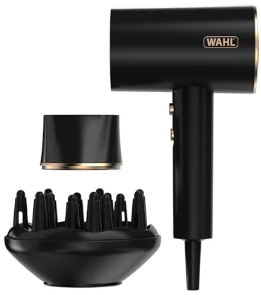 WAHL Ionic Flow Hairdryer, Secado profesional, sin encrespamiento, potente, ligero, aire frío, concentración de calor, difusor, velocidad rápida, peinado, compacto, viaje