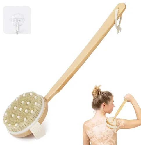 AOOSU Cepillos de Cerdas Naturales para el Cuerpo, 43CM Cepillo Exfoliante Corporal con Mango Largo(Desmontable), Uso Seco y Húmedo para Eliminar Piel Muerta Mejora, Funciones Linfáticas(Redondo)