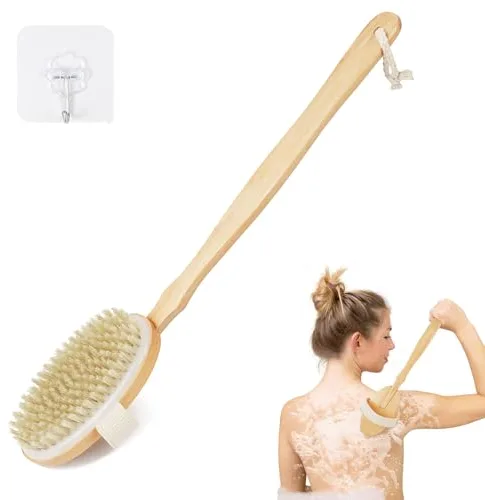 AOOSU Cepillos de Cerdas Naturales para el Cuerpo, 43CM Cepillo Exfoliante Corporal con Mango Largo(Desmontable), Uso Seco y Húmedo para Eliminar Piel Muerta Mejora, Funciones Linfáticas(Oval)