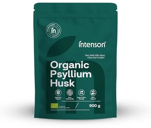 Intenson Psyllium Husk Orgánico, 900 g, Certificado Orgánico UE, Alto Contenido en Fibra, 100% Natural, Vegano, Apto para Dieta Keto, Sin Gluten, Sin Aditivos