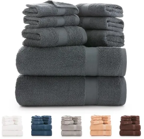 Todocama - Juego de 8 Toallas de Baño 100% Algodón (550 gsm) Extra Suaves, Alta Absorción y Secado Rápido, 2 Toallas de Baño, 2 de Mano y 4 de Cara (Gris Oscuro)
