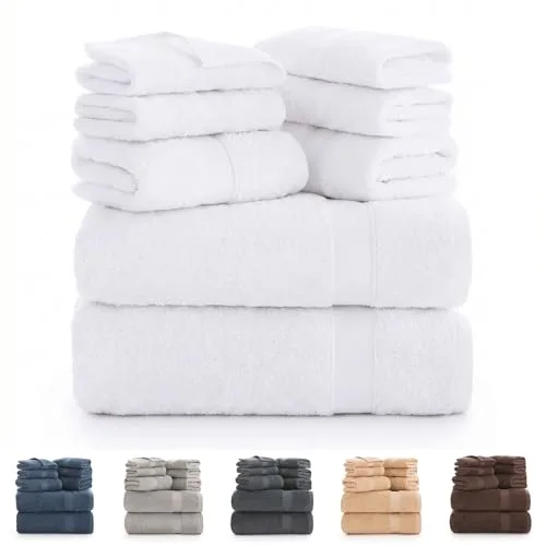 Todocama - Juego de 8 Toallas de Baño 100% Algodón (550 gsm) Extra Suaves, Alta Absorción y Secado Rápido, 2 Toallas de Baño, 2 de Mano y 4 de Cara (Blanco)