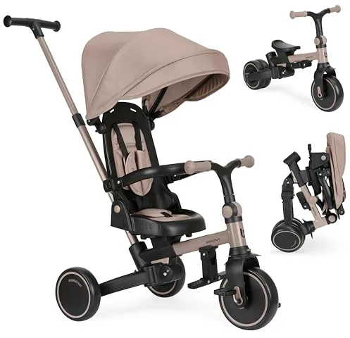 KikkaBoo Triciclo Evolutivo ALUMA 8 en 1, Triciclo Bebé Plegable con Manillar Padres, Asiento Reversible, Capota Ajustable, Arnés 5 Puntos, Marco Aluminio Beige