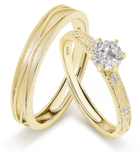 Meissa Anillos Promesa Alianzas de Plata Pareja Solitario Plata de ley 925 Mujer Ajustable Anillo de Compromiso Boda para Pareja Novios Regalo de San Valentín Aniversario, Oro (Juego de dos anillos)