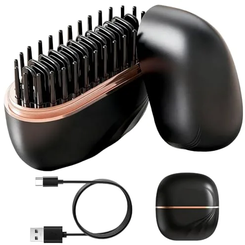 Mini Plancha de Pelo Inalámbrica, Cepillo Alisador Portátil Recargable, Mini Cepillo Alisado de Pelo, Calentamiento Rápido 30s, con 3 Ajustes de Temperatura, para Cabello y Barba