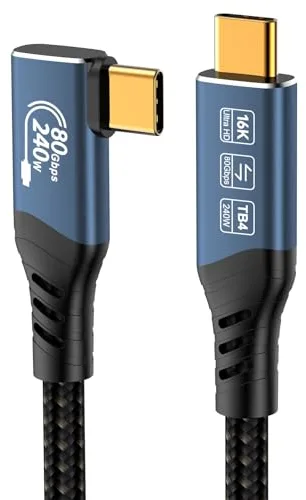 PremiumCord Cable de Conexión USB4™ Versión 2, Thunderbolt 4, 16K a 60 Hz, Cable de Datos Ultraspeed ​​de hasta 80 Gbps, E-Marker, USB Tipo C Curvo, Carga Rápida de hasta 240 W, Azul, Longitud 1,5m