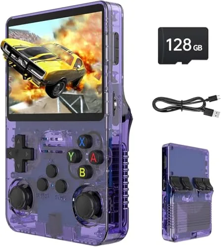 Consola de juegos retro R36S, pantalla IPS de 3,5 pulgadas, memoria de 128 GB, 40.000 juegos preinstalados, consola portátil para niños y adultos, soporte multiemulador, violeta