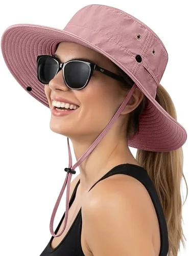 Xnova Sombrero de Sol UPF 50+ Mujer Apto para Coleta, Sombreros de Pescador ala Ancha Ajustable Plegable Gorras de Safari Senderismo Bucket Hat (B: Rosa, Sombrero Circunferencia: 56-58 cm)