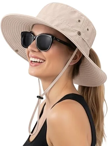 Xnova Sombrero de Sol UPF 50+ Mujer Apto para Coleta, Sombreros de Pescador ala Ancha Ajustable Plegable Gorras de Safari Senderismo Bucket Hat (B: Beige, Sombrero Circunferencia: 56-58 cm)