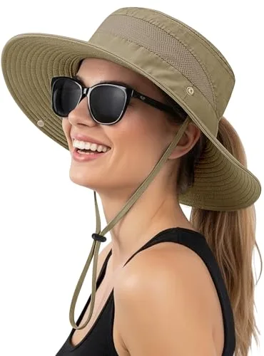 Xnova Sombrero de Sol UPF 50+ Mujer Apto para Coleta, Sombreros de Pescador ala Ancha Ajustable Plegable Gorras de Safari Senderismo Bucket Hat (A: Caqui, Sombrero Circunferencia: 55–60 cm)