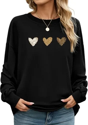 CMTOP Sudaderas Mujer sin Capucha Sudadera Estampada Informal Camiseta Amplio Básico de Manga Larga Sweatshirt Cuello Redondo De Canalé Top Chic Elegante para Primavera Otoño(Negro-C, XL)