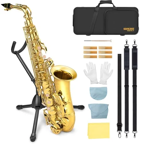 SONICAKE Saxofón Alto Eb Lacado en Oro, Kit Completo para Principiantes Estudiantes con Estuche, Boquilla, Cañas, Soporte y Accesorios QSX-01