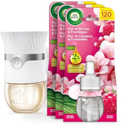 Air Wick Ambientador Eléctrico - Aparato + 3 recambios difusor inteligente con tecnología Anti-Fading y Recambio con aroma a Flor de cerezo y Frambuesa, infusionado con 2 veces más aceites esenciales