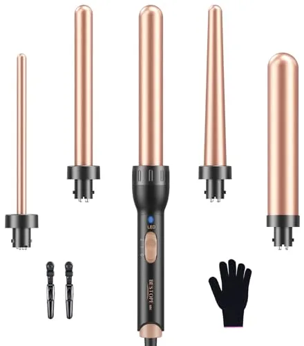 Rizador Pelo Ondas Plancha Ondas, 5 en 1 Rizador de Pelo para rizos grandes y pequeños, Ondulador de Pelo Cerámico 9-32mm Tenacillas Pelo con Calentamiento Rápido 2 Temperatura Regulable