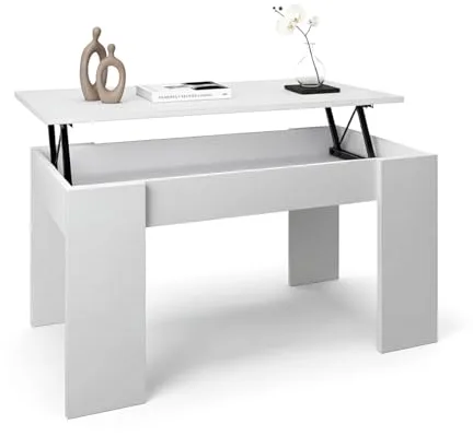 duehome | Mesa de Centro elevable, Mesita de Salón Comedor, Acabado en Blanco Artik, Modelo Norak, Medidas: 90 cm (Largo) x 50 cm (Ancho) x 33,8/45,3 cm (Alto)