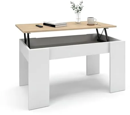 duehome | Mesa de Centro elevable, Mesita de Salón Comedor, Acabado en Blanco Artik y Roble Canadian, Modelo Norak, Medidas: 90 cm (Largo) x 50 cm (Ancho) x 33,8/45,3 cm (Alto)