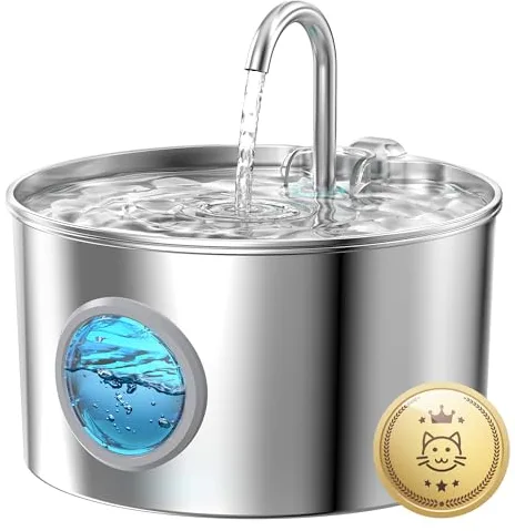 Fuente para Gatos Acero Inoxidable: Bebedero Gatos Automatico - 2.2L Fuente Gato Silencioso - Fuentes de Agua para Gato con 1 Filtro + 1 Esponja - Dispensador Agua Perros con Ventana Panorámica