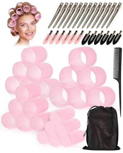 lulir Rulos Pelo Grandes Autoadhesivas 24 Piezas, Rulos para el Pelo Volumen 4 Tamaños(60/48/36/25mm), Hair Rollers con 24 Clips y Neceser, Rizadores sin Calor para Flequillo,Pelo Largo,Medio y Corto