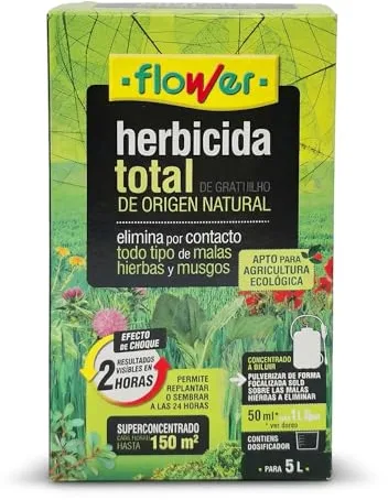 FLOWER Herbicida Total Ecológico Origen Natural 150 m² | Elimina Malas Hierbas y Musgos | Alternativa Glifosato | Resultados Visibles 2 Horas | 250ml + Dosificador Diluir 5L Agua | Súper Concentrado