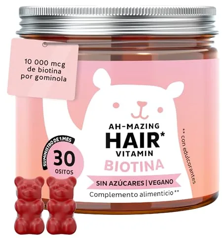 Gominolas Biotina Ah-mazing Hair Vitamin – Para el cabello, uñas y piel - 10.000 µg de Biotina, Zinc, Vitaminas B6, C, E e Yodo – 30 Unidades (1 mes), Vegana, Sin Azúcar, Bears with Benefits