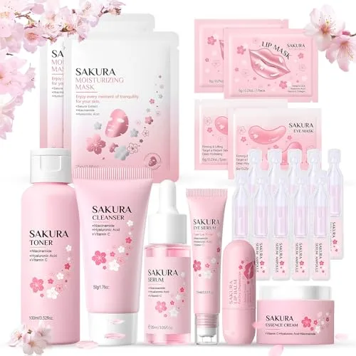 Sakura Skincare Kit 13 Piezas, Skincare Coreano Kit, Sakura Set Cuidado Facial Mujer con Parches Ojos, Mascarilla Labios, Serum, Crema, Tonico, Cuidado Nutritivo Integral de la Piel
