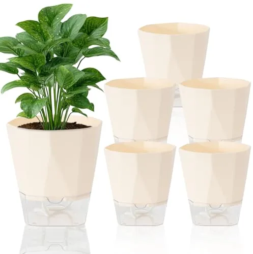 FARYODI Juego de 6 macetas de autoriego, 12,5 cm, con sistema de riego en imitación de marfil, maceta de autoriego con depósito de agua transparente, para balcón e interior (marfil)